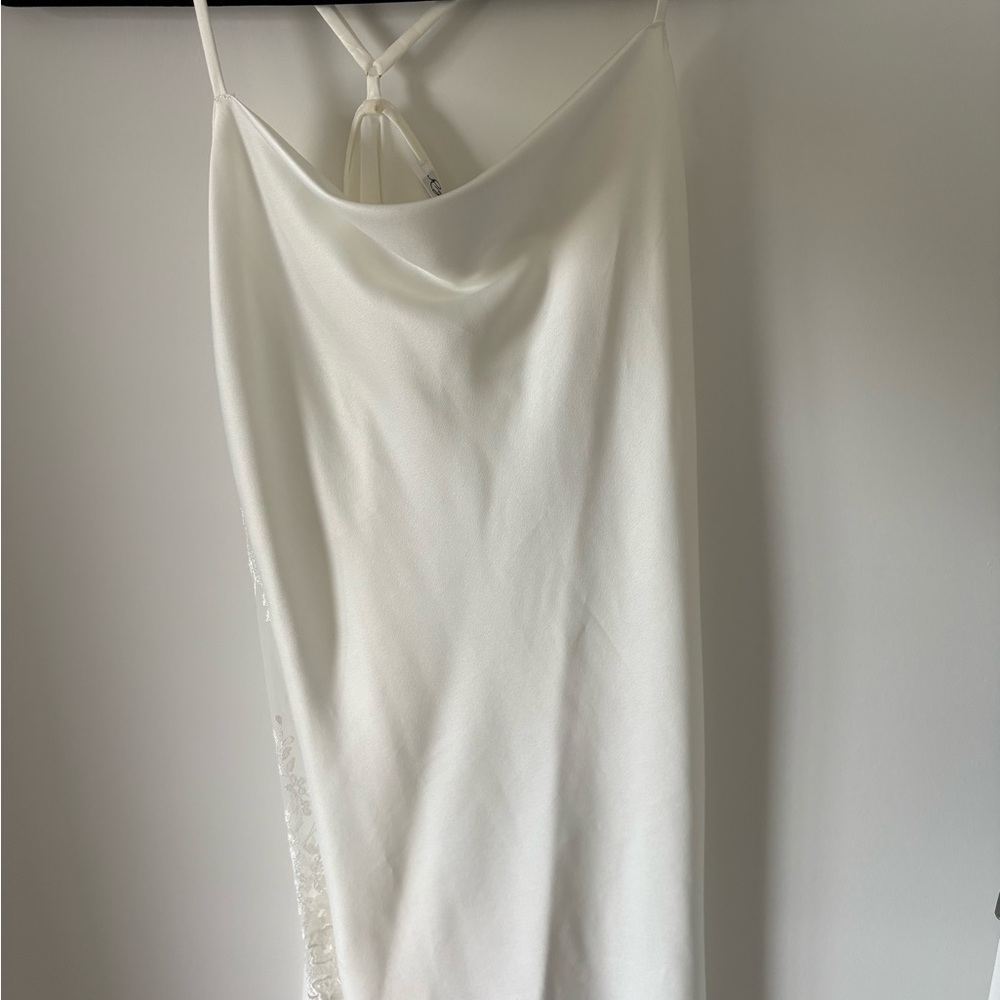 Elegant White Satin Chemise Slip with Lace Trim